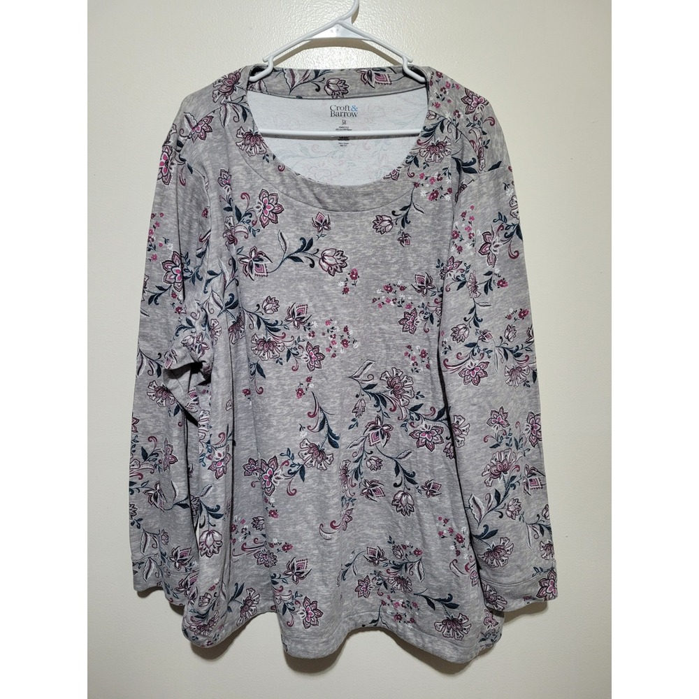 Croft & Barrow Sweatshirt Womens 3X Gray Floral Print Long Sleeve Pullover